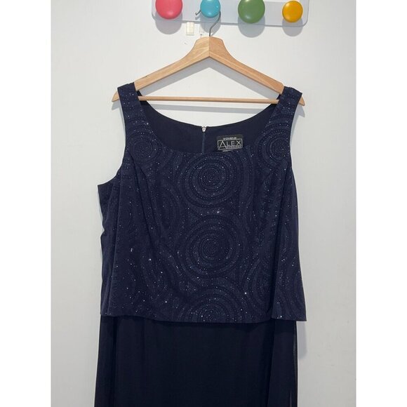 Alex Evenings Navy Blue Sleeveless Sparkle Midi Dress - Size 16 Women - Picture 2 of 7